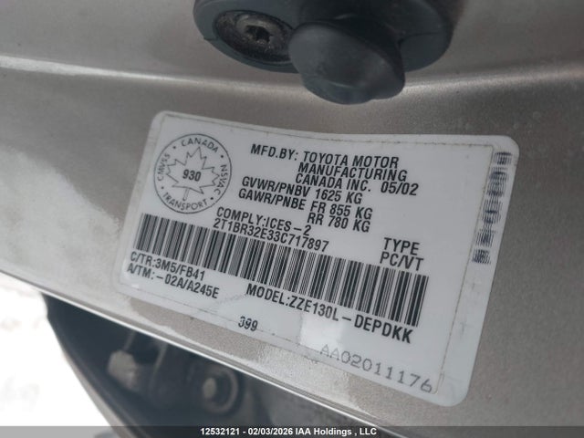 Продаж на аукціоні авто 2003 Toyota Corolla Ce/le/s, vin: 2T1BR32E33C717897, номер лоту: 12532121