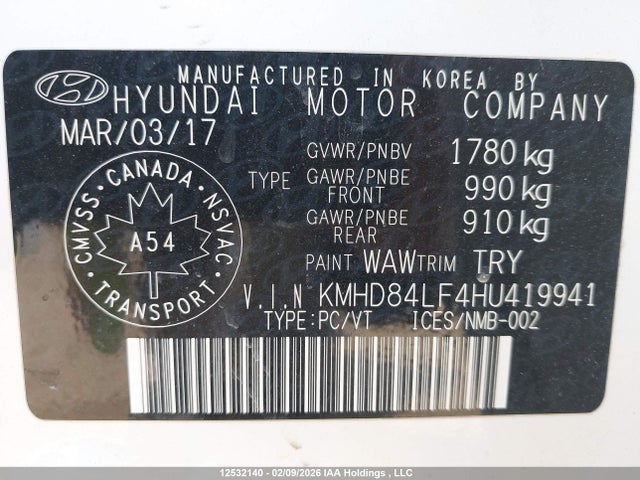KMHD84LF4HU419941 Hyundai Elantra Se/value/limited