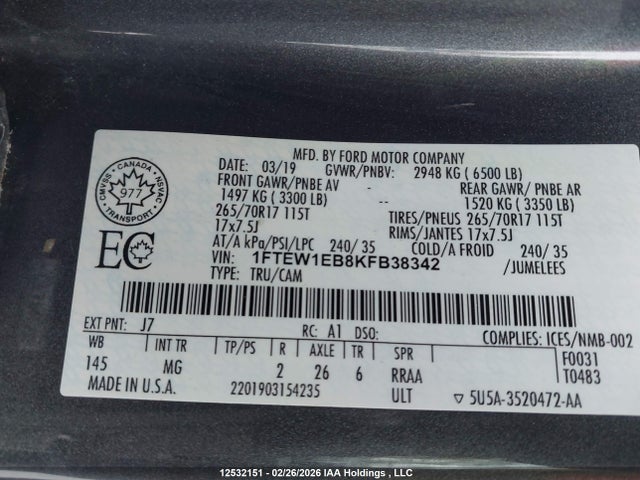 12532151 :رقم المزاد ، 1FTEW1EB8KFB38342 vin ، 2019 Ford F-150 Xlt مزاد بيع