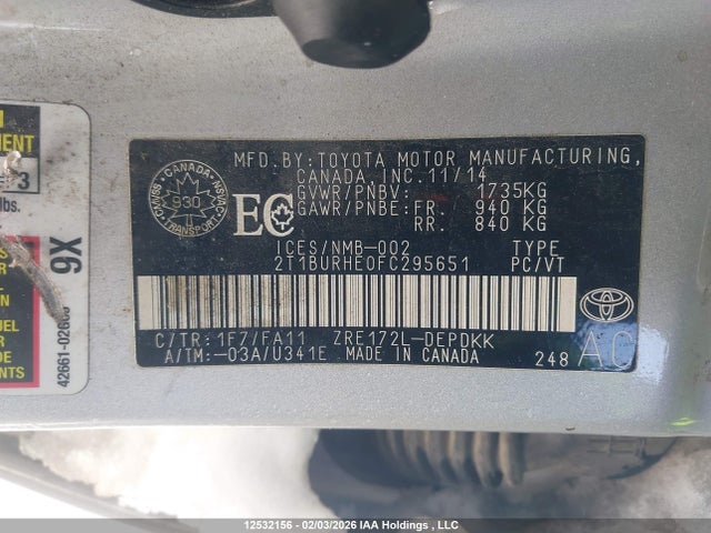 2015 Toyota Corolla L/le/le Pls/prm/s/s Pls მანქანა იყიდება აუქციონზე, vin: 2T1BURHE0FC295651, აუქციონის ნომერი: 12532156