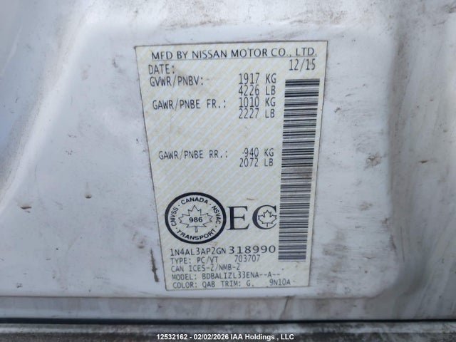 1N4AL3AP2GN318990 Nissan Altima 2.5/2.5 S/2.5 Sl Tech/2.5 Sr/2.5 Sv