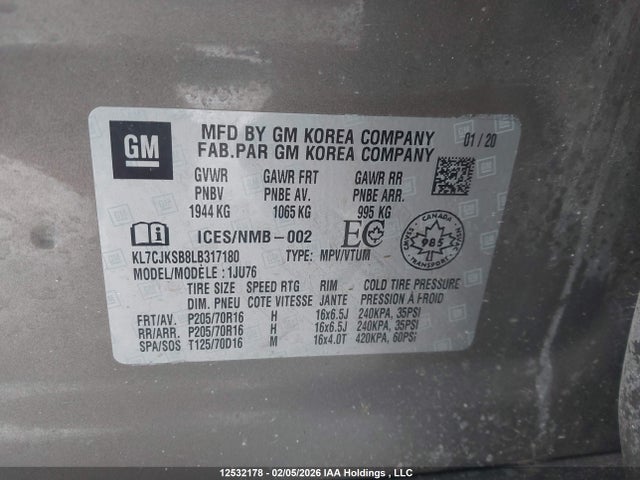 KL7CJKSB8LB317180 Chevrolet TRAX LS
