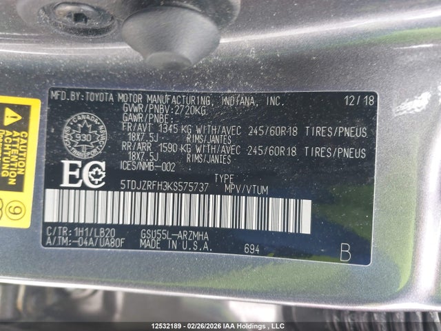 5TDJZRFH3KS575737 Toyota Highlander Se/xle