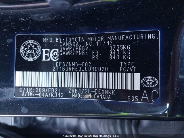 2T1BURHE9JC010020 Toyota Corolla L/le/xle/se/xse