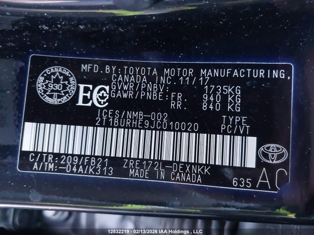 2T1BURHE9JC010020 Toyota Corolla L/le/xle/se/xse