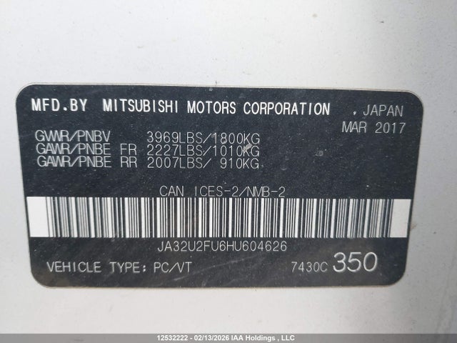 12532222 :رقم المزاد ، JA32U2FU6HU604626 vin ، 2017 Mitsubishi Lancer Es/se Anniversary Edition/se Black Edition/se Ltd مزاد بيع