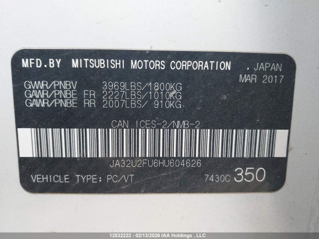 12532222 :رقم المزاد ، JA32U2FU6HU604626 vin ، 2017 Mitsubishi Lancer Es/se Anniversary Edition/se Black Edition/se Ltd مزاد بيع