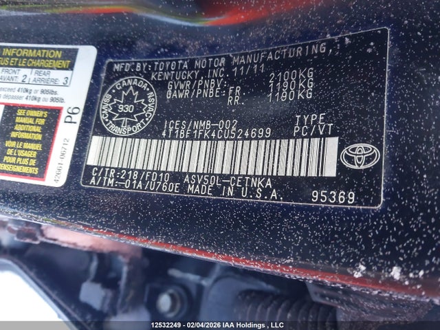 Aukcja sprzedaży 2012 Toyota Camry Se/le/xle, vin: 4T1BF1FK4CU524699, numer aukcji: 12532249