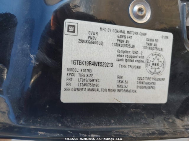 12532264 :رقم المزاد ، 1GTEK19R4WE529213 vin ، 1998 Gmc Sierra K1500 مزاد بيع