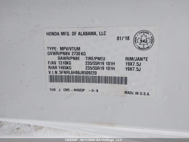 5FNRL6H86JB509220 Honda Odyssey Touring