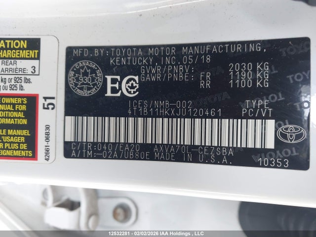 4T1B11HKXJU120461 Toyota CAMRY SE
