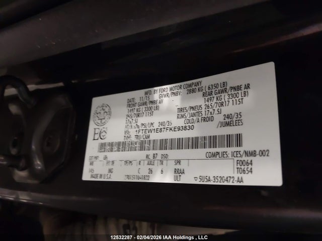 12532287 :رقم المزاد ، 1FTEW1E87FKE93830 vin ، 2015 Ford F-150 Xlt مزاد بيع