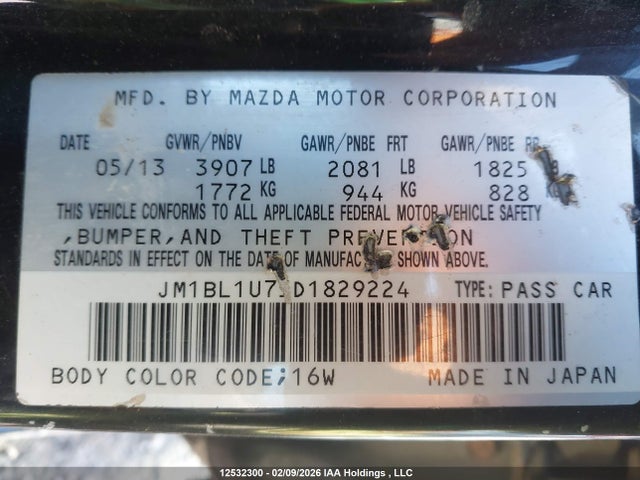 Aukcja sprzedaży 2013 Mazda Mazda3, vin: JM1BL1U75D1829224, numer aukcji: 12532300
