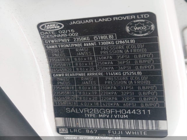 SALVR2BG9FH044311 Land Rover Range Rover Evoque Pure City