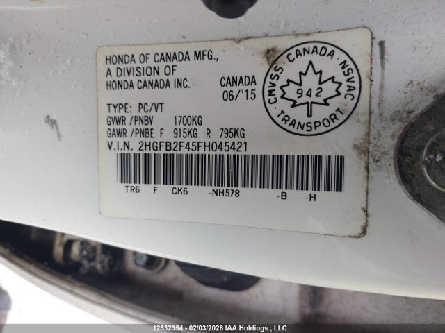 Honda Civic Lx 2015 2HGFB2F45FH045421 Image 9