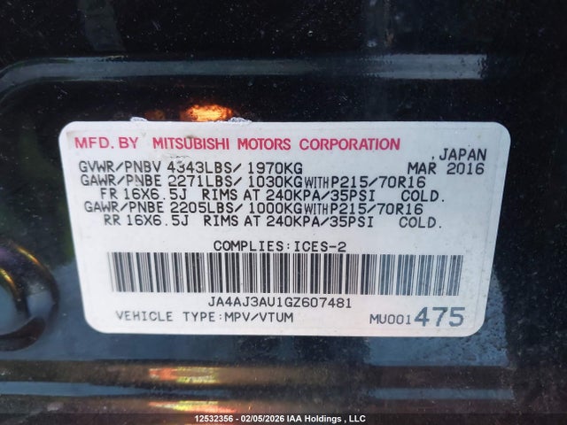 JA4AJ3AU1GZ607481 Mitsubishi RVR SE