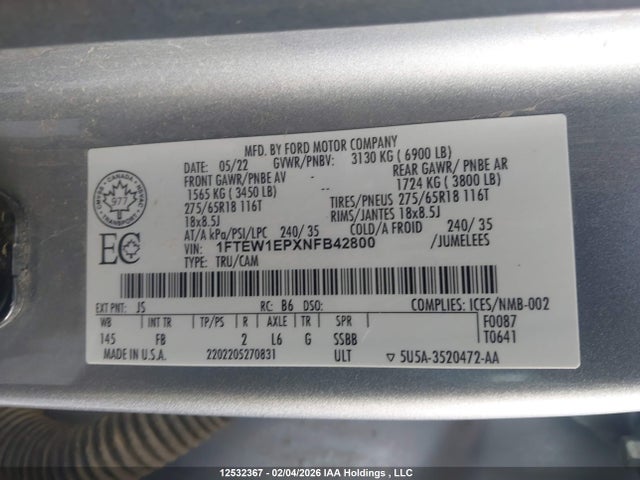 Aukcja sprzedaży 2022 Ford F150, vin: 1FTEW1EPXNFB42800, numer aukcji: 12532367