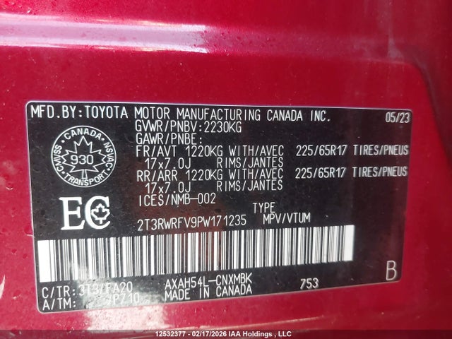 2T3RWRFV9PW171235 Toyota Rav4 Hybrid Xle