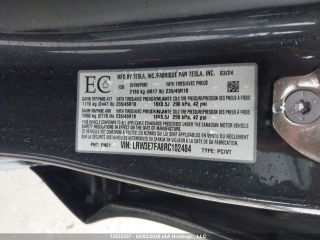 LRW3E7FA8RC102484 Tesla MODEL 3