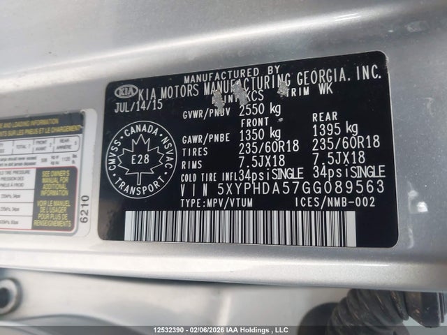 5XYPHDA57GG089563 KIA Sorento 3.3l Ex/3.3l Ex+