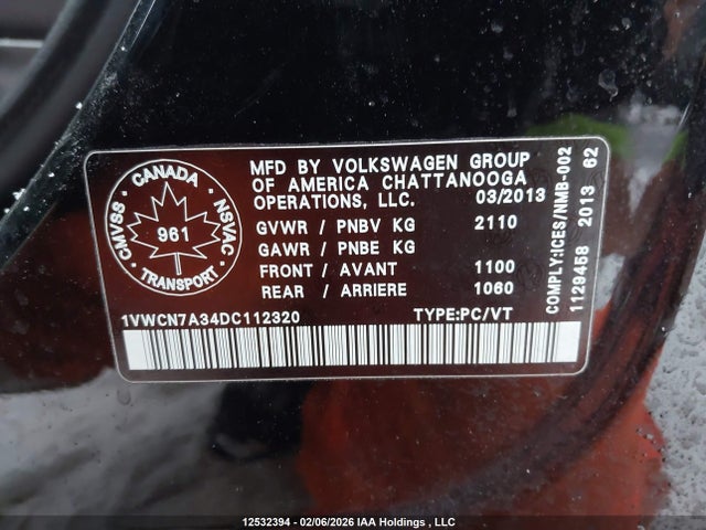 12532394 :رقم المزاد ، 1VWCN7A34DC112320 vin ، 2013 Volkswagen Passat 2.0 Tdi Highline مزاد بيع