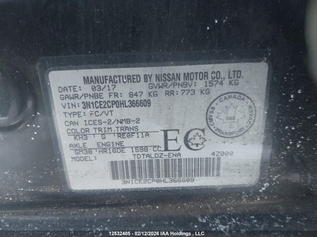 Aukcja sprzedaży 2017 Nissan Versa Note 1.6 S/1.6 Sl/1.6 Sr/1.6 Sv, vin: 3N1CE2CP0HL366609, numer aukcji: 12532405