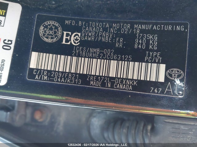 2T1BURHE2JC063125 Toyota COROLLA LE
