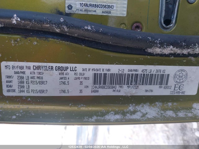Продажа на аукционе авто 2012 Jeep Patriot Sport/north, vin: 1C4NJRAB8CD583843, номер лота: 12532439