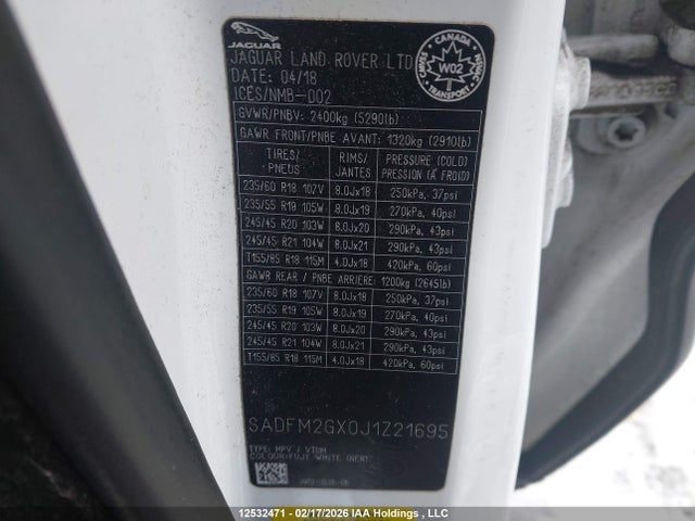 Продаж на аукціоні авто 2018 Jaguar E-pace, vin: SADFM2GX0J1Z21695, номер лоту: 12532471