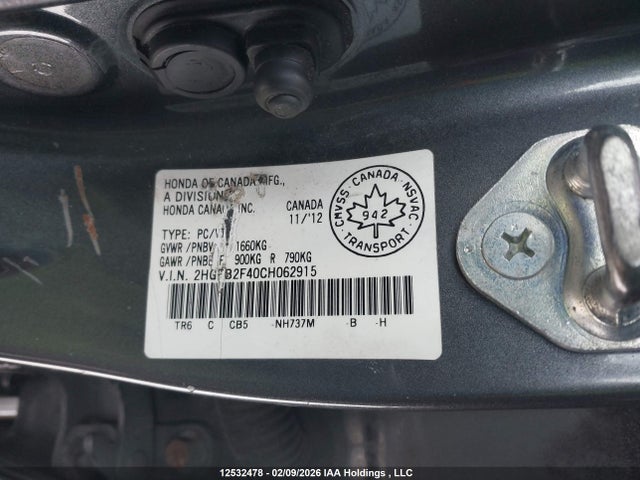 Продаж на аукціоні авто 2012 Honda Civic Lx, vin: 2HGFB2F40CH062915, номер лоту: 12532478