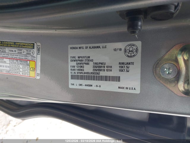 5FNRL6H83LB503362 Honda Odyssey Touring