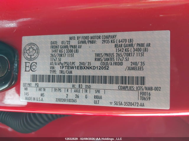 Продаж на аукціоні авто 2022 Ford F150 Supercrew, vin: 1FTEW1EBXNKD12052, номер лоту: 12532529