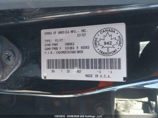 Продаж на аукціоні авто 2007 Honda Accord Ex, vin: 1HGCM55747A813805, номер лоту: 12532533