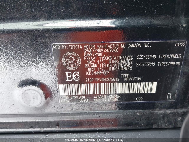 Aukcja sprzedaży 2022 Toyota Rav4 Xle, vin: 2T3R1RFV9NC279612, numer aukcji: 12532545