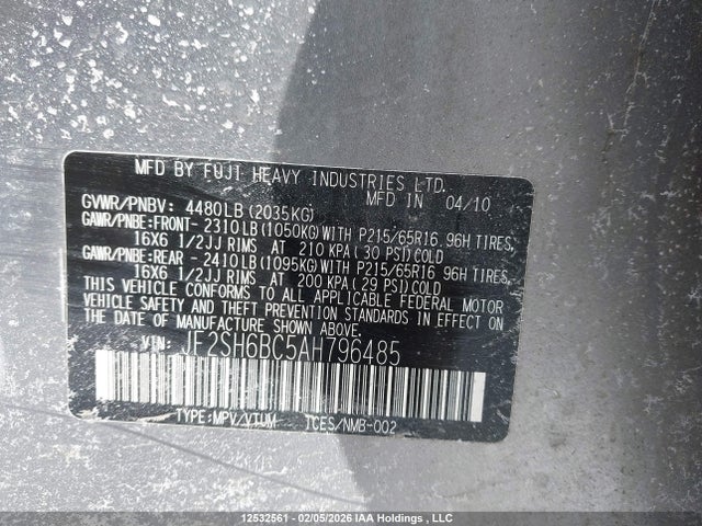 Продажа на аукционе авто 2010 Subaru Forester Xs, vin: JF2SH6BC5AH796485, номер лота: 12532561