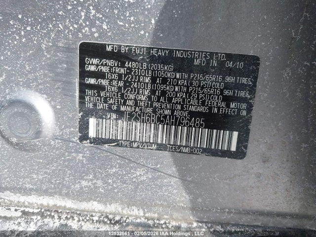 Продажа на аукционе авто 2010 Subaru Forester Xs, vin: JF2SH6BC5AH796485, номер лота: 12532561