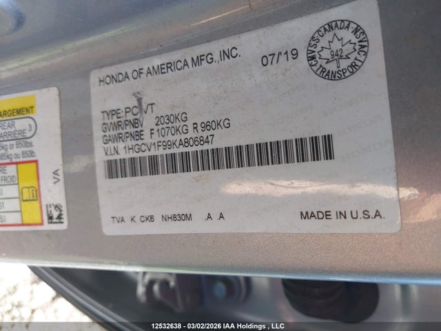 Продаж на аукціоні авто 2019 Honda Accord Touring, vin: 1HGCV1F99KA806847, номер лоту: 12532638