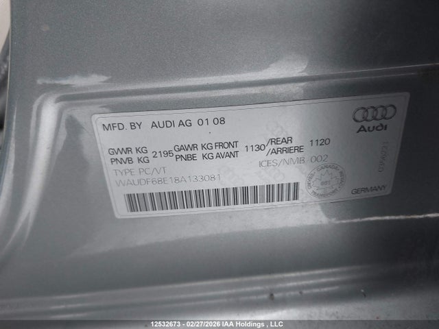 Aukcja sprzedaży 2008 Audi A4, vin: WAUDF68E18A133081, numer aukcji: 12532673