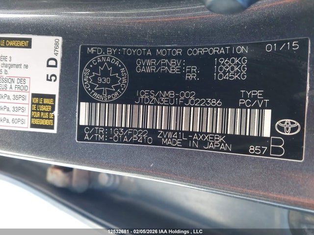JTDZN3EU1FJ022386 Toyota PRIUS V