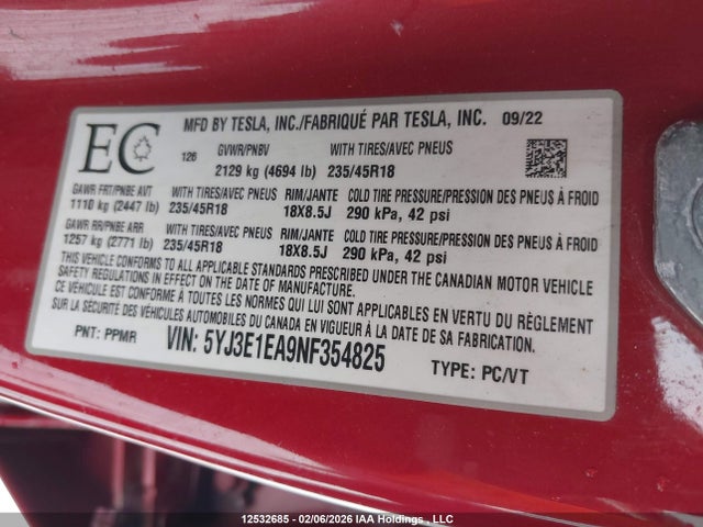 5YJ3E1EA9NF354825 Tesla Model 3 Rwd/standard Range
