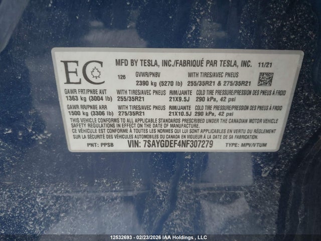 7SAYGDEF4NF307279 Tesla Model Y