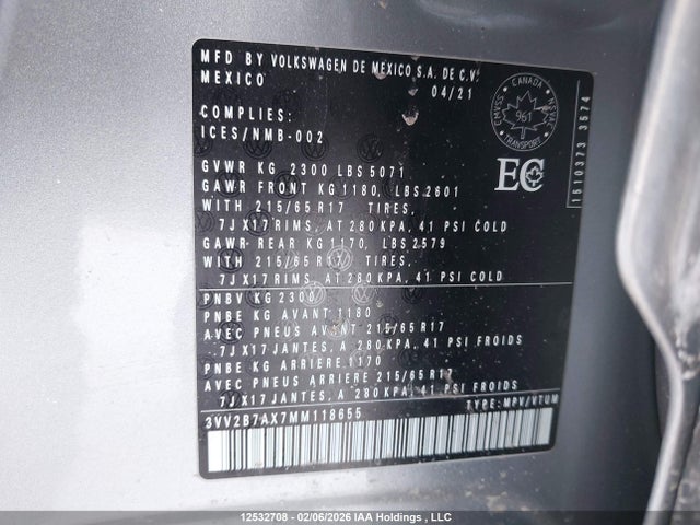 3VV2B7AX7MM118655 Volkswagen Tiguan Se/se R-line Black/sel