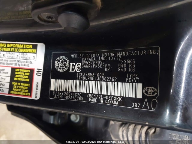 2T1BURHE2JC002762 Toyota COROLLA SE