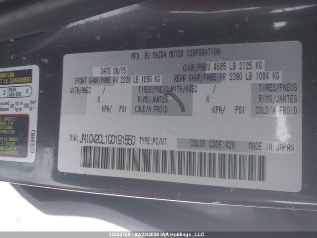 Aukcja sprzedaży 2016 Mazda 5 Touring, vin: JM1CW2CL1G0191550, numer aukcji: 12532758