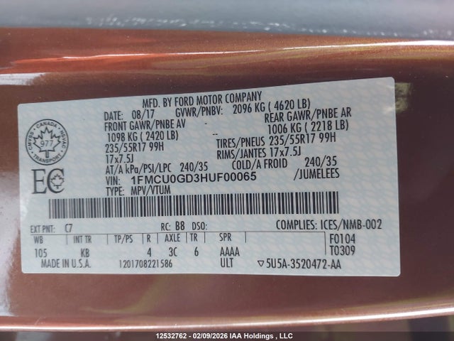 1FMCU0GD3HUF00065 Ford ESCAPE SE