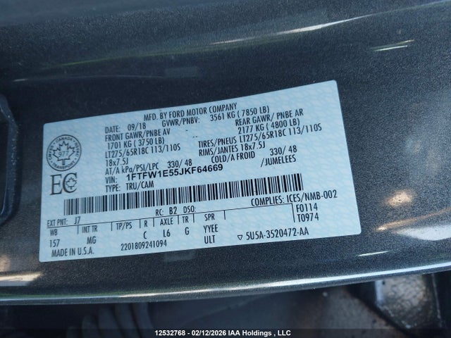 2018 Ford F150 Supercrew მანქანა იყიდება აუქციონზე, vin: 1FTFW1E55JKF64669, აუქციონის ნომერი: 12532768