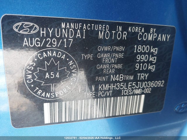 KMHH35LE5JU036092 Hyundai Elantra Gt Gl
