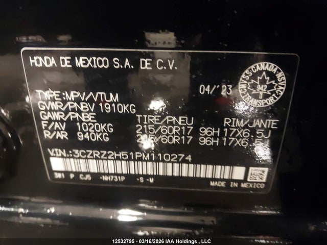3CZRZ2H51PM110274 Honda HR-V SPORT