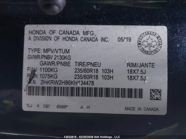 2HKRW2H86KH134478 Honda CR-V EXL