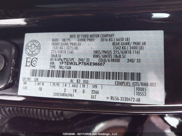 12532846 :رقم المزاد ، 1FTEW3LP7SKE98607 vin ، 2025 Ford F-150 Xlt مزاد بيع